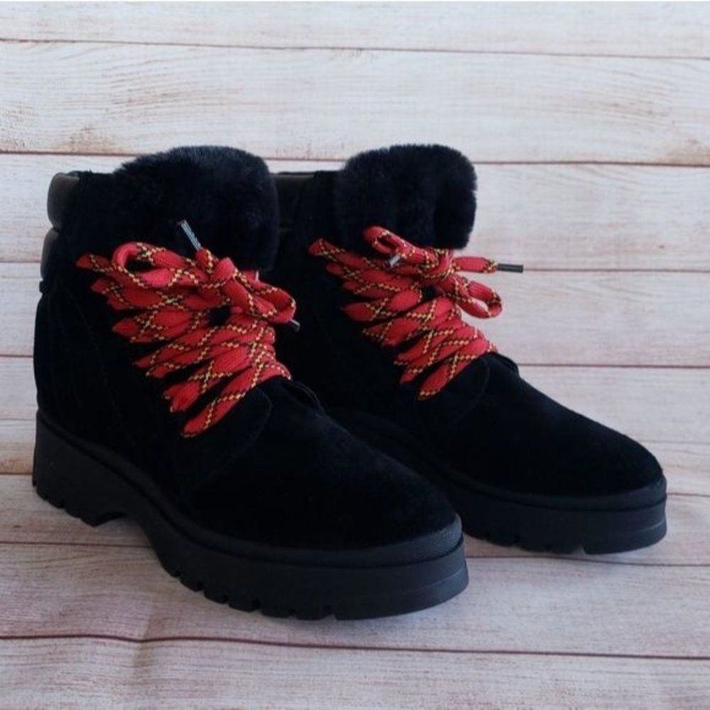 Aquatalia Suede Leather Faux Fur Hiking Outdoor Boots Booties Lace Up Black